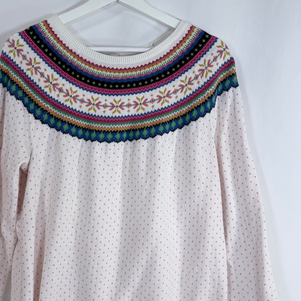 Talbots Sweater White Fair Isle‎ Yoke Pink Dot Cotton Blend Pullover 1X